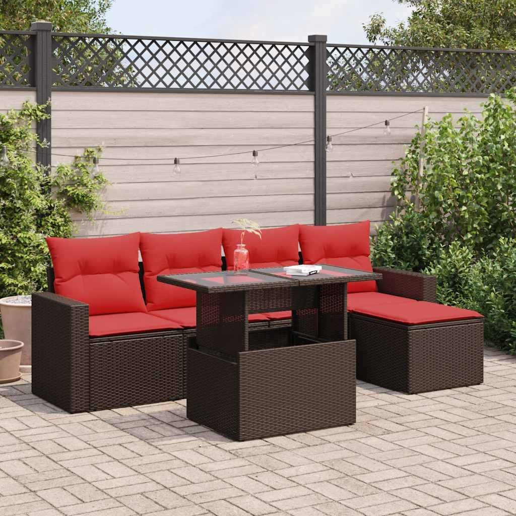 6-piece garden sofa set with cushions, brown, poly rattan, acacia