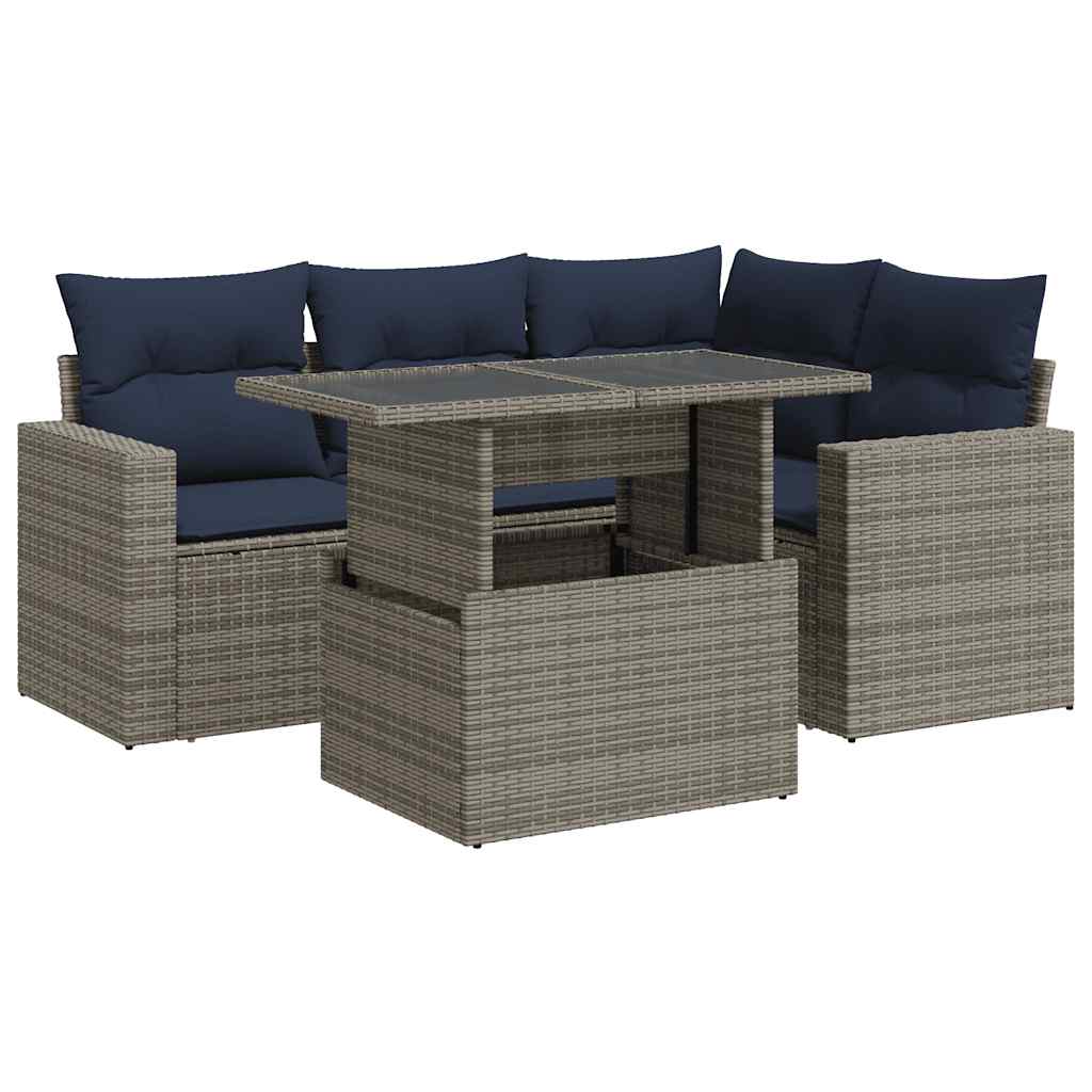 5-piece garden sofa set with cushions gray poly rattan acacia