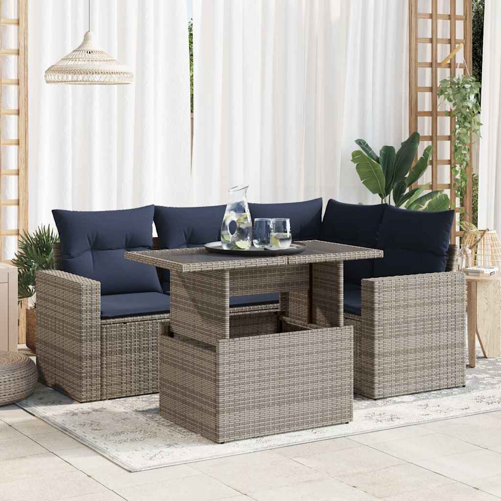 5-piece garden sofa set with cushions gray poly rattan acacia