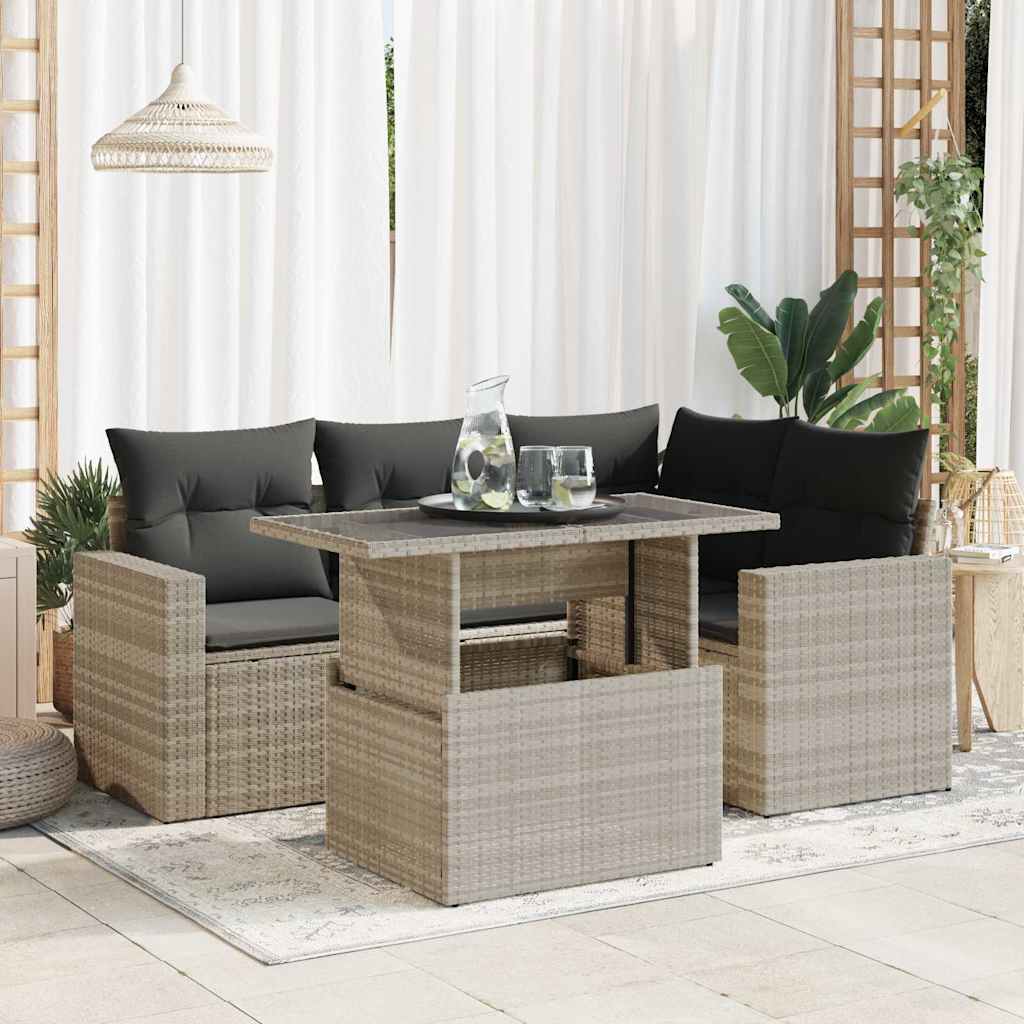 5-piece garden sofa set with cushions, light grey poly rattan