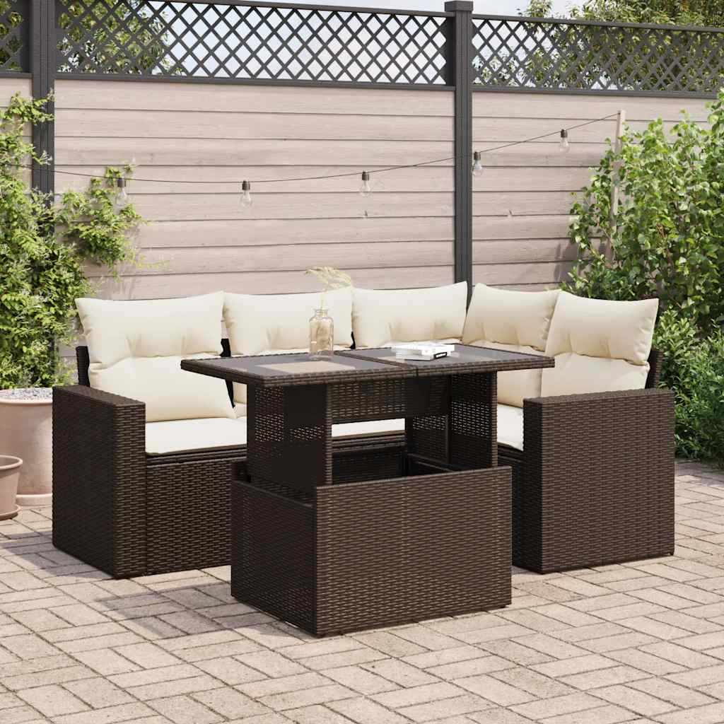 5-piece garden sofa set with cushions, brown poly rattan