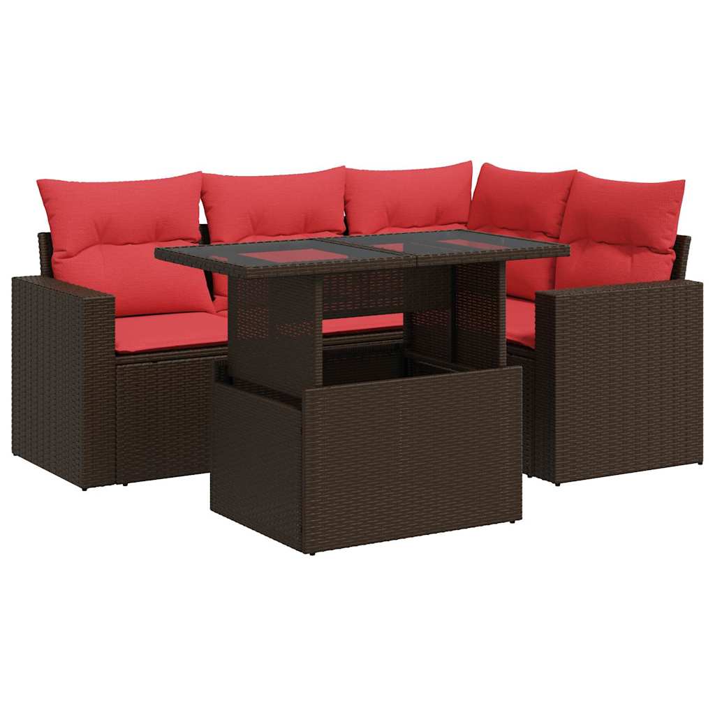 5-piece garden sofa set with cushions, brown, poly rattan, acacia