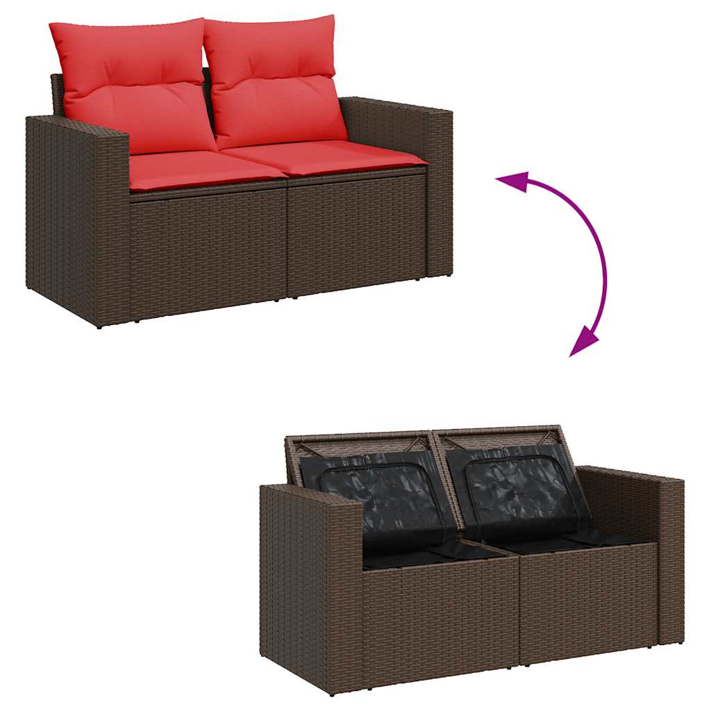 5-piece garden sofa set with cushions, brown, poly rattan, acacia