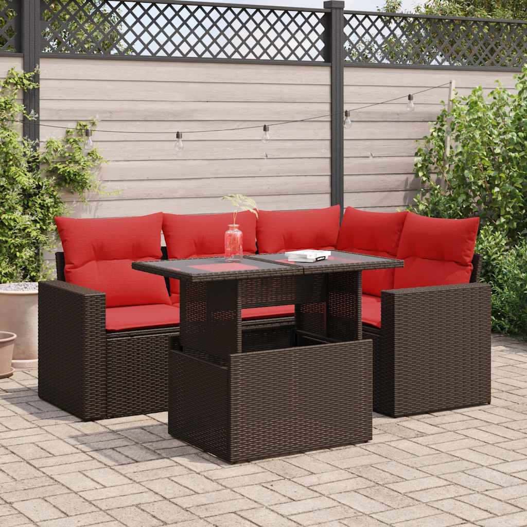 5-piece garden sofa set with cushions, brown, poly rattan, acacia