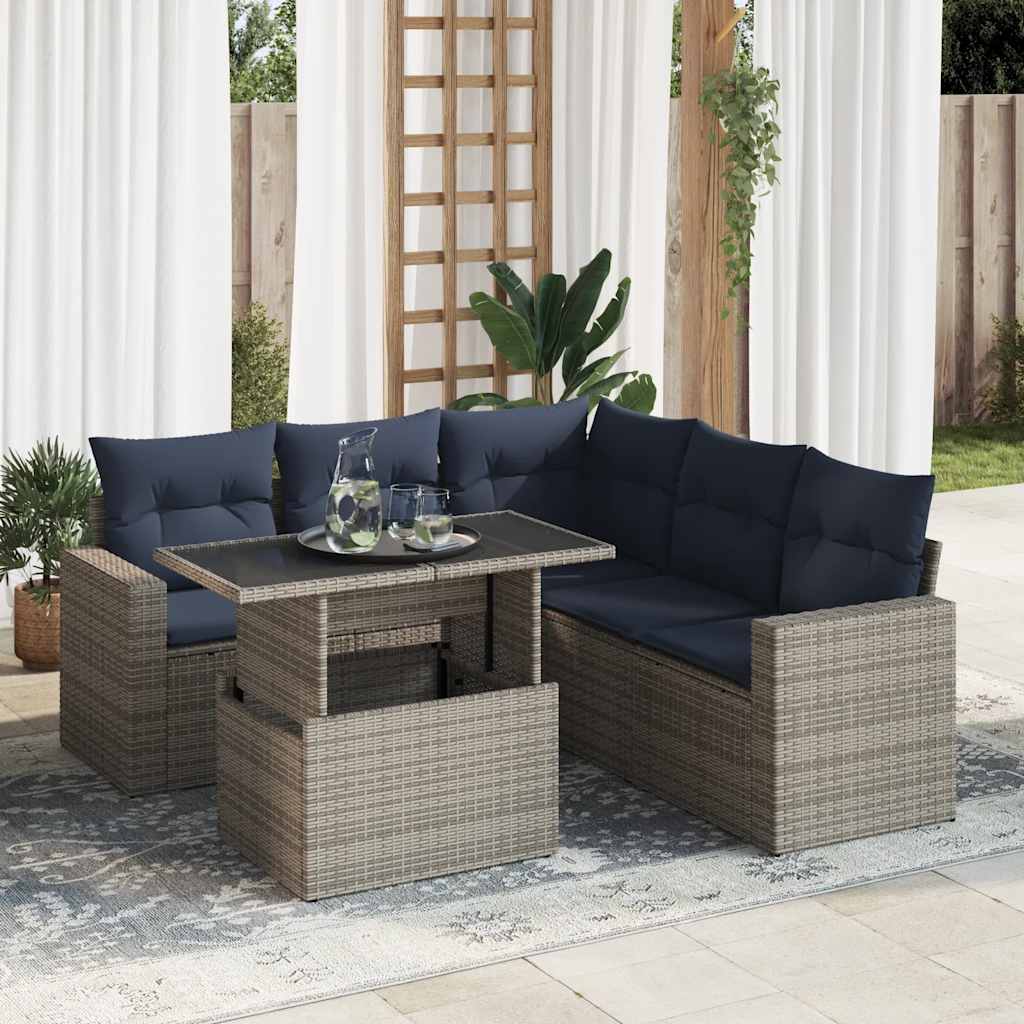 6-piece garden sofa set with cushions, grey, poly rattan, acacia