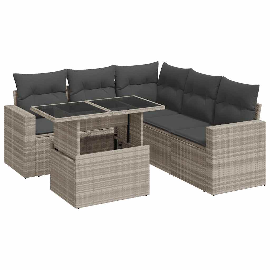 6-piece garden sofa set with cushions, light grey poly rattan