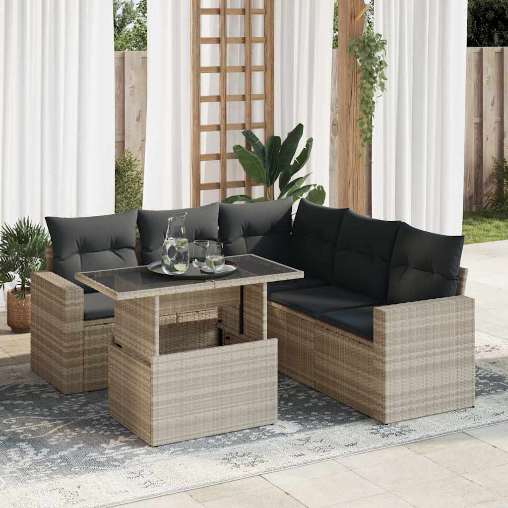 6-piece garden sofa set with cushions, light grey poly rattan