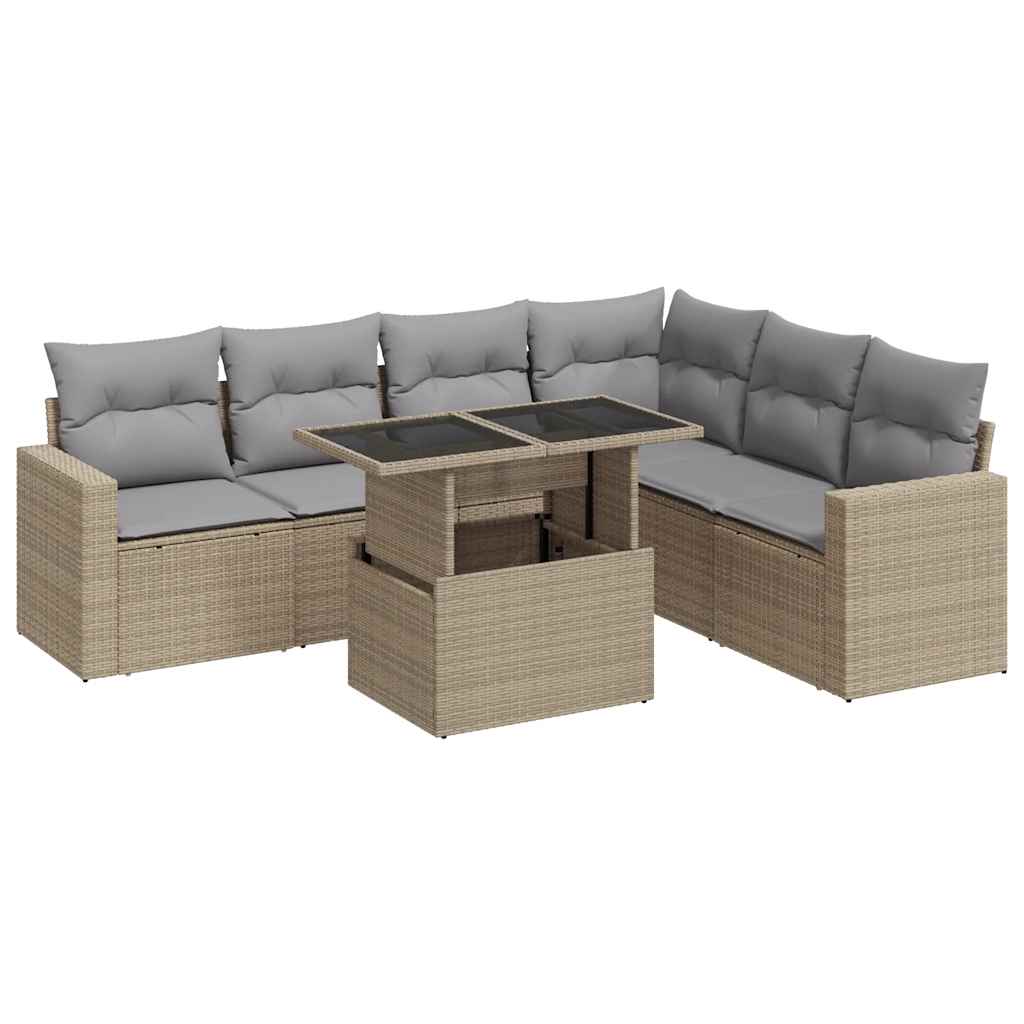 7-piece garden sofa set with cushions, beige poly rattan