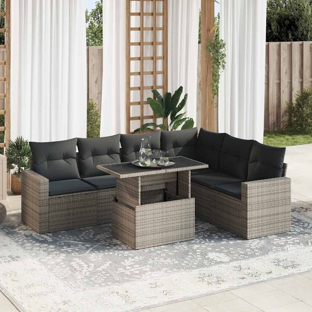 7-piece garden sofa set with cushions, grey poly rattan