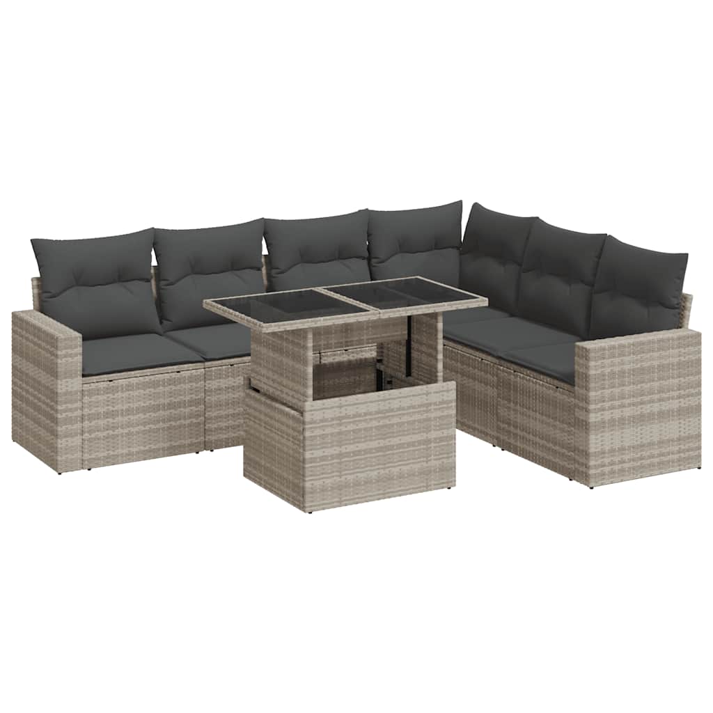 7-piece garden sofa set with cushions, light grey poly rattan