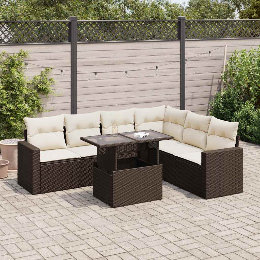 7-piece garden sofa set with cushions, brown poly rattan