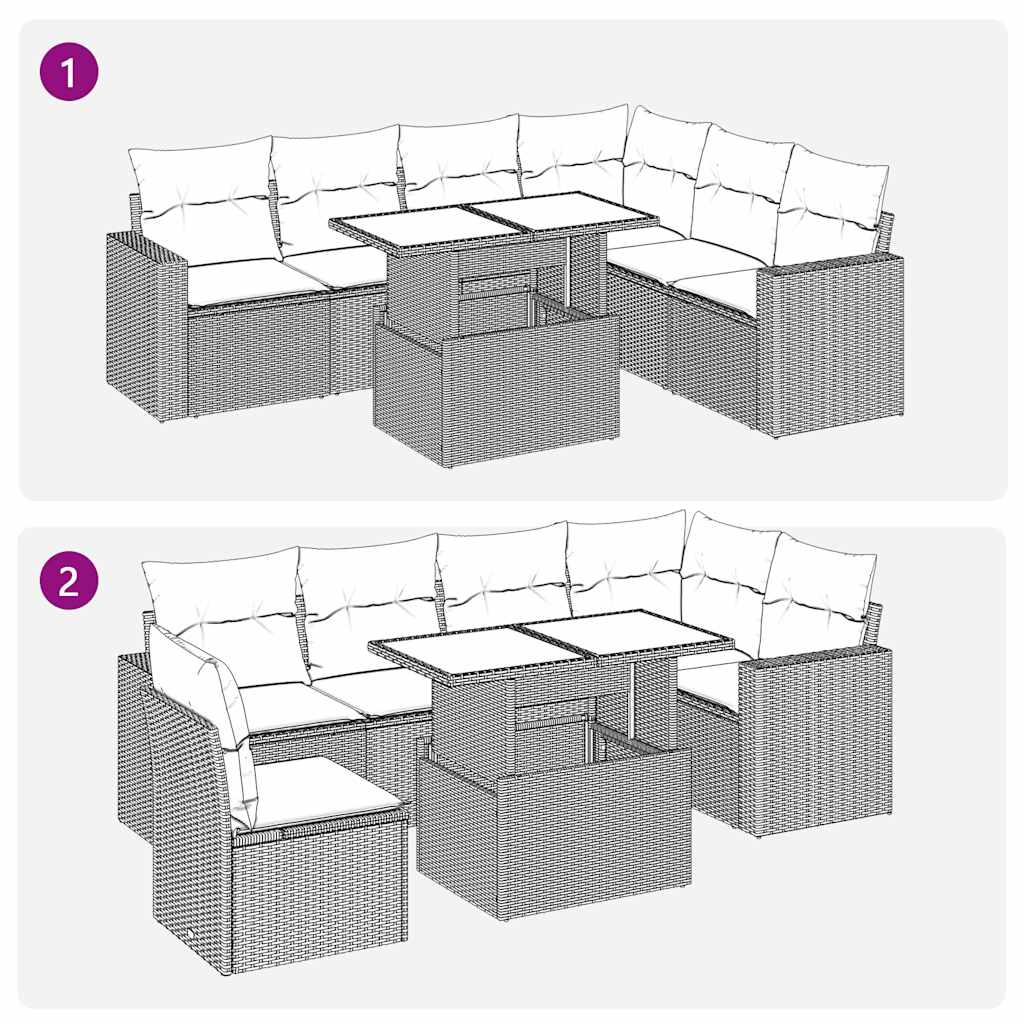 7-tlg. Garten-Sofagarnitur mit Kissen Grau Poly Rattan Akazie