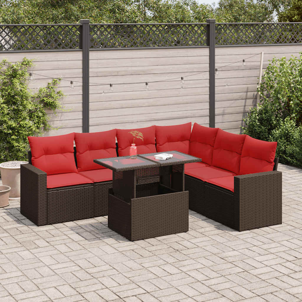 7-piece garden sofa set with cushions, grey, poly rattan, acacia
