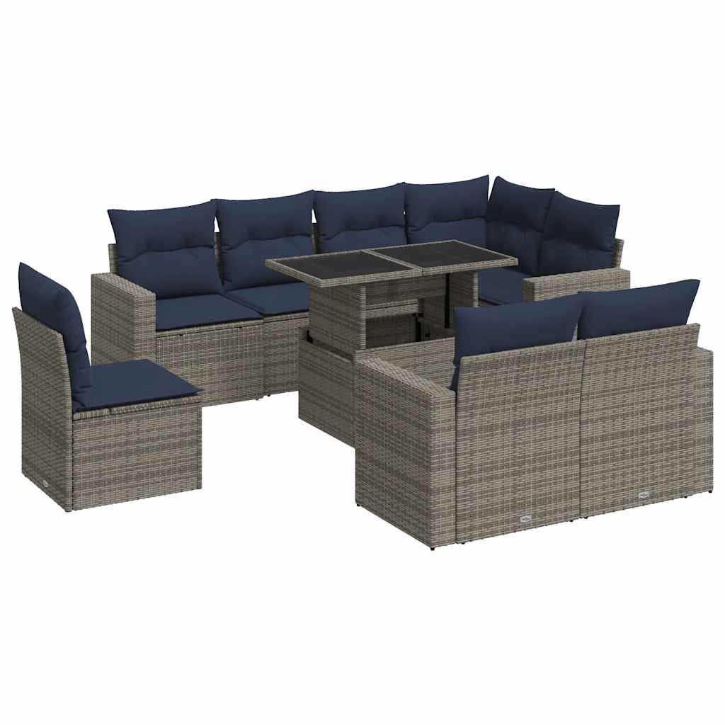 9-piece garden sofa set with cushions, grey, poly rattan, acacia
