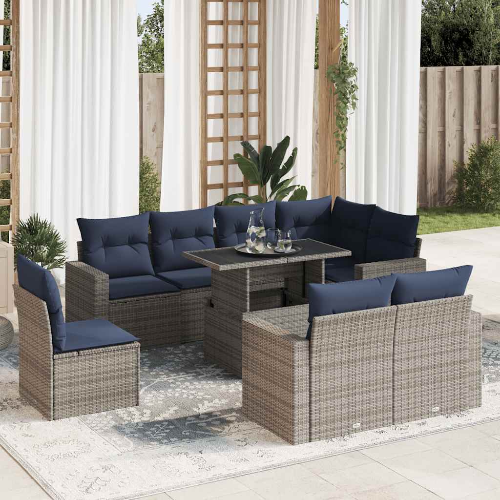 9-piece garden sofa set with cushions, grey, poly rattan, acacia