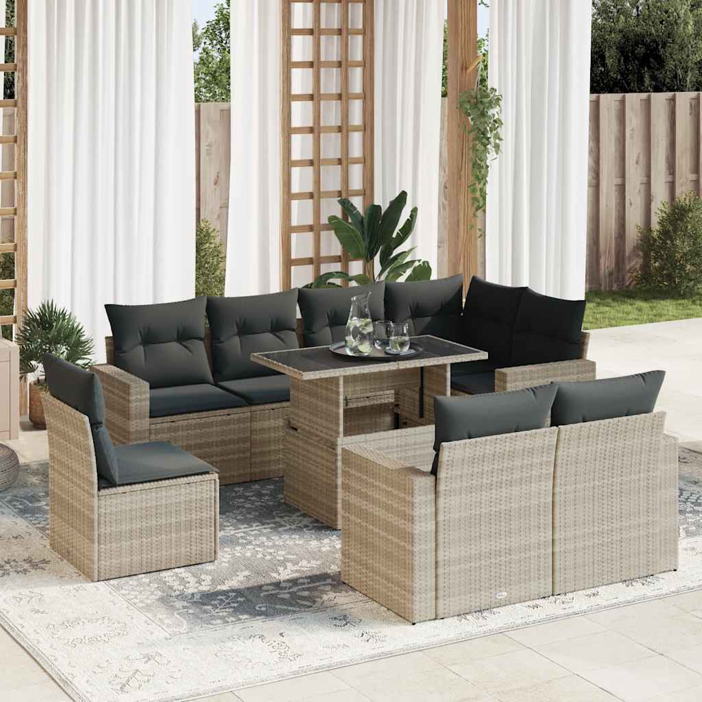 9-piece garden sofa set with cushions, light grey poly rattan