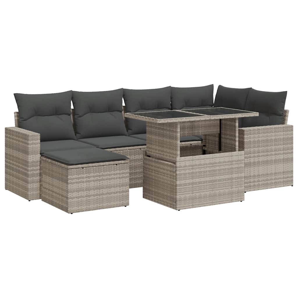 7-piece garden sofa set with cushions, light grey poly rattan