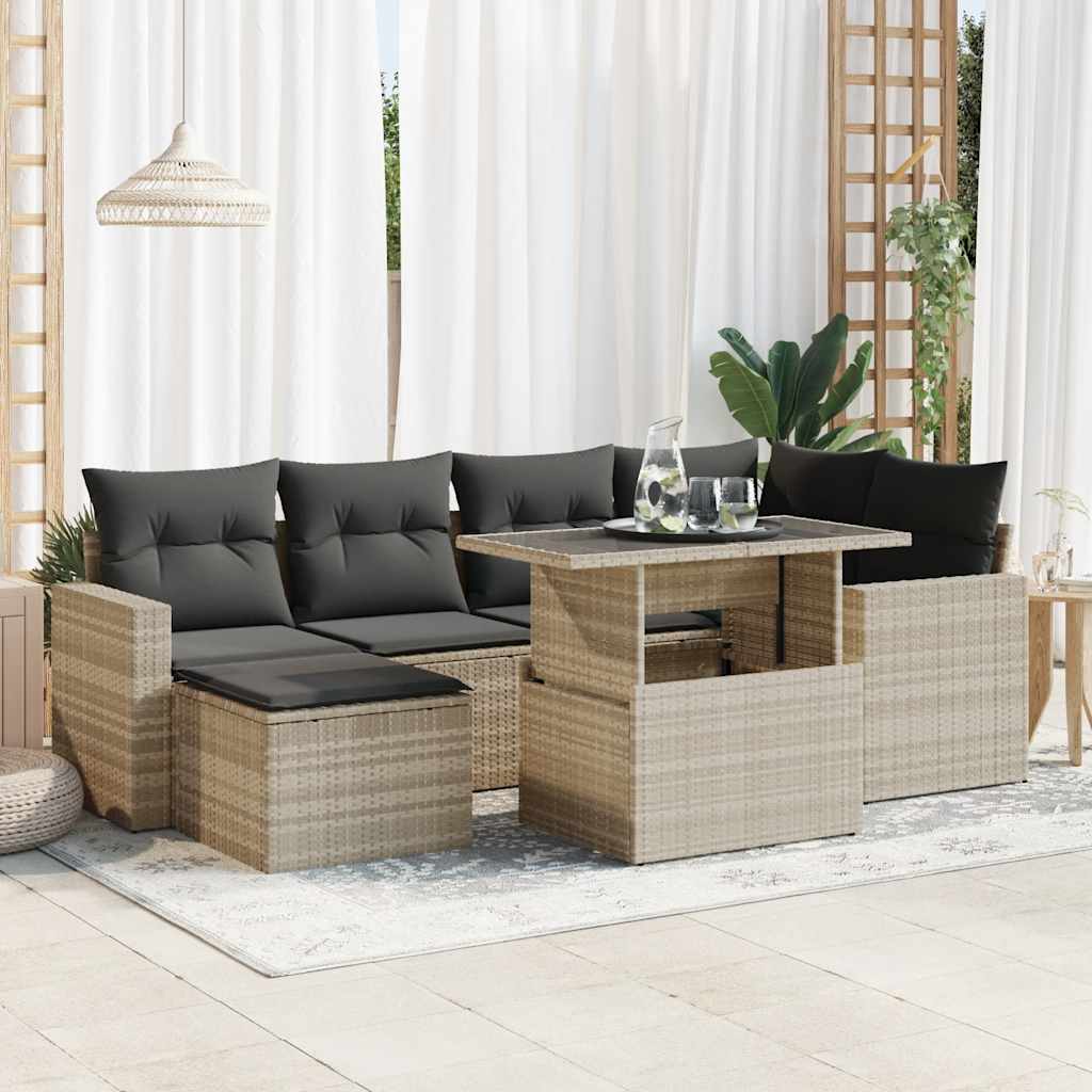 7-piece garden sofa set with cushions, light grey poly rattan