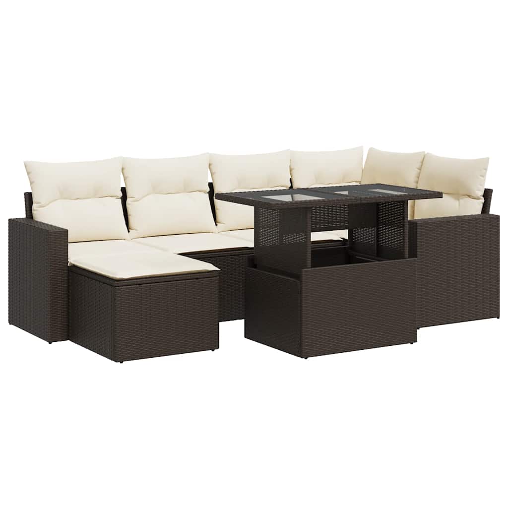 7-piece garden sofa set with cushions, brown poly rattan