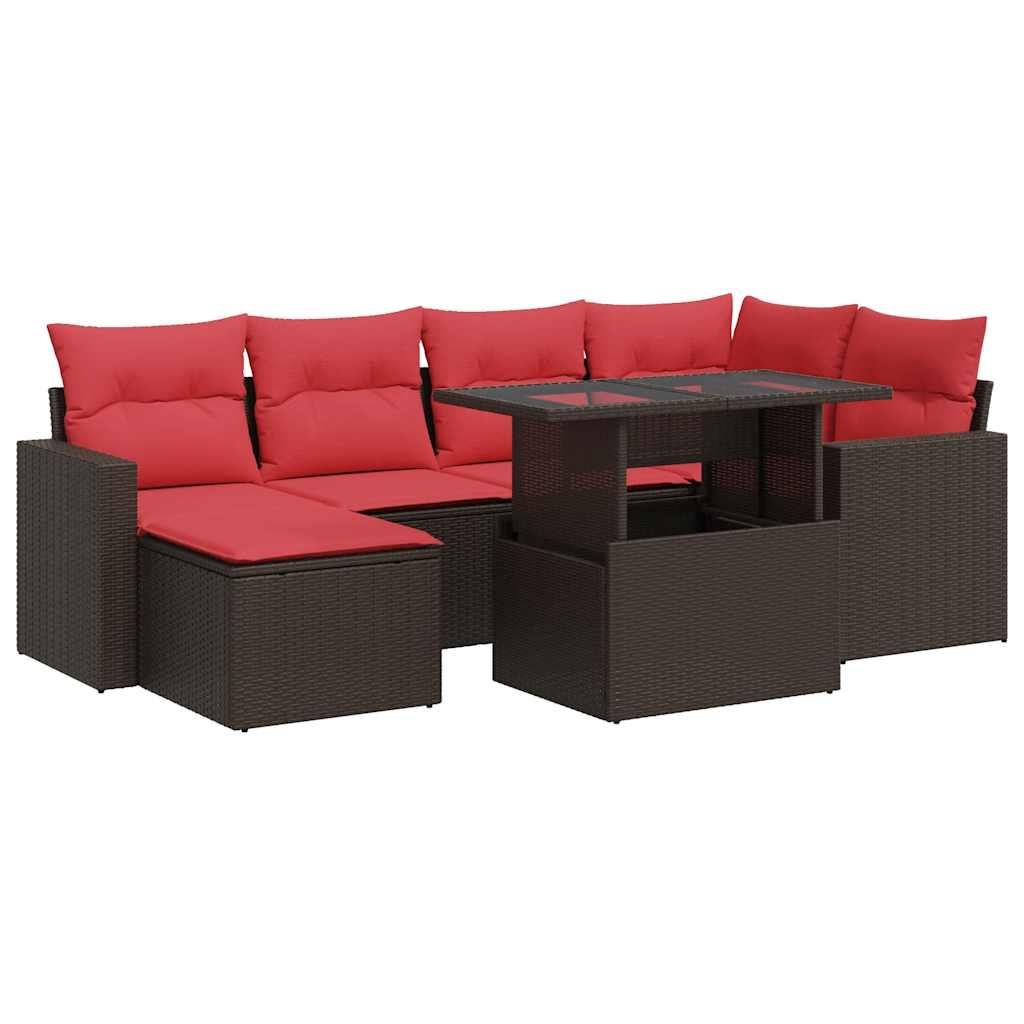 7-piece garden sofa set with cushions, brown, poly rattan, acacia
