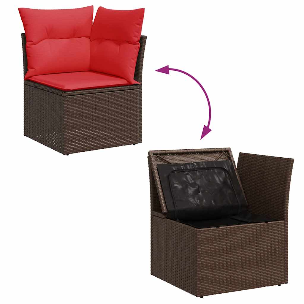 7-piece garden sofa set with cushions, brown, poly rattan, acacia