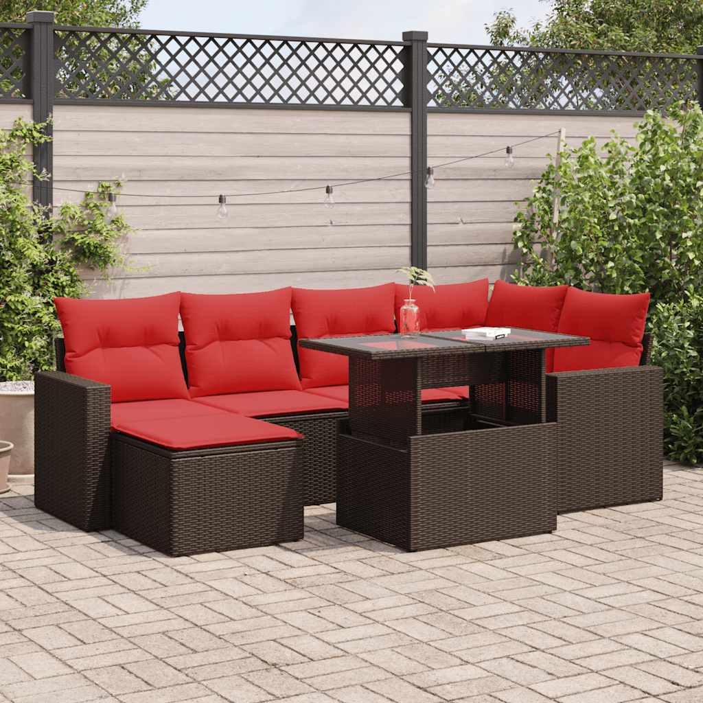 7-piece garden sofa set with cushions, brown, poly rattan, acacia