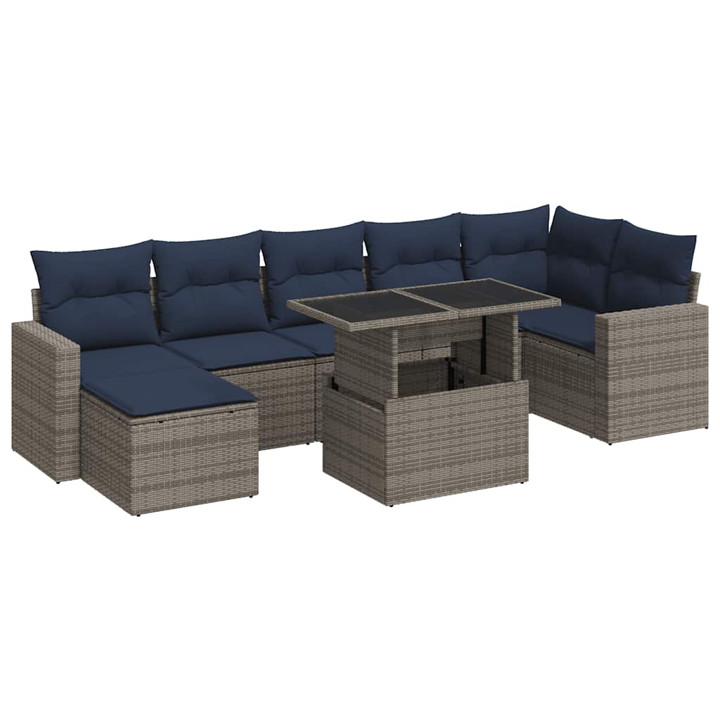 7-piece garden sofa set with cushions, grey, poly rattan, acacia