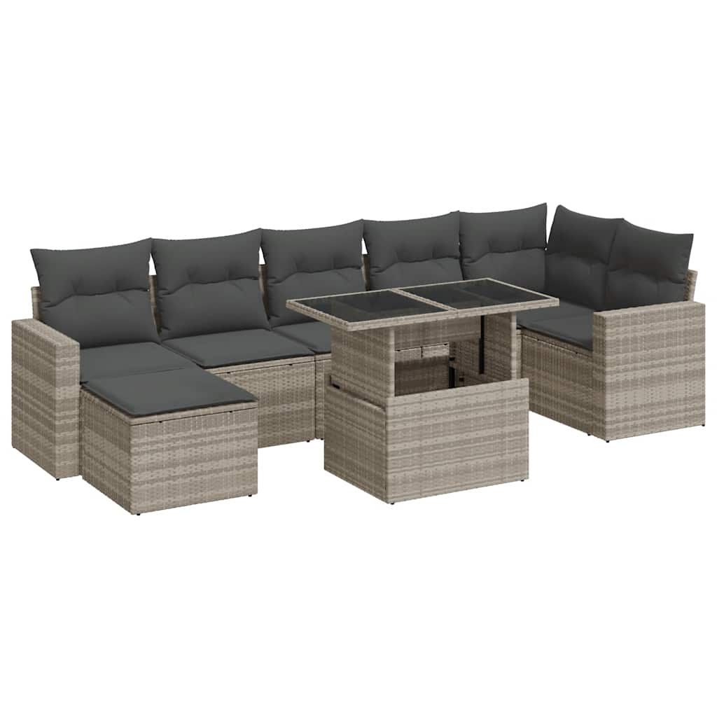 8-piece garden sofa set with cushions, light grey poly rattan