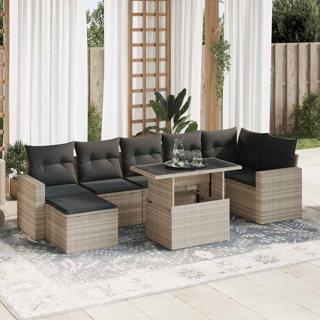 8-piece garden sofa set with cushions, light grey poly rattan