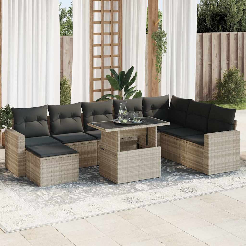 9-piece garden sofa set with cushions, light grey poly rattan