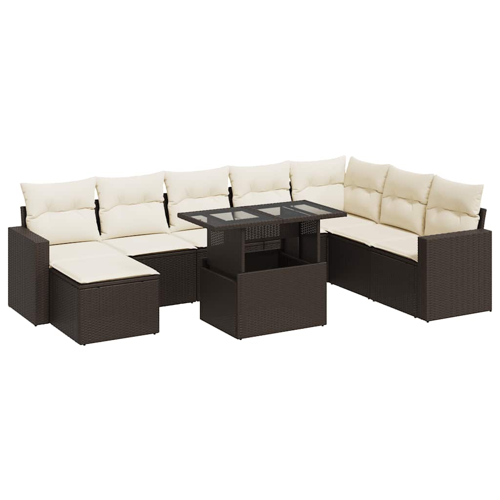 9-piece garden sofa set with cushions, brown poly rattan