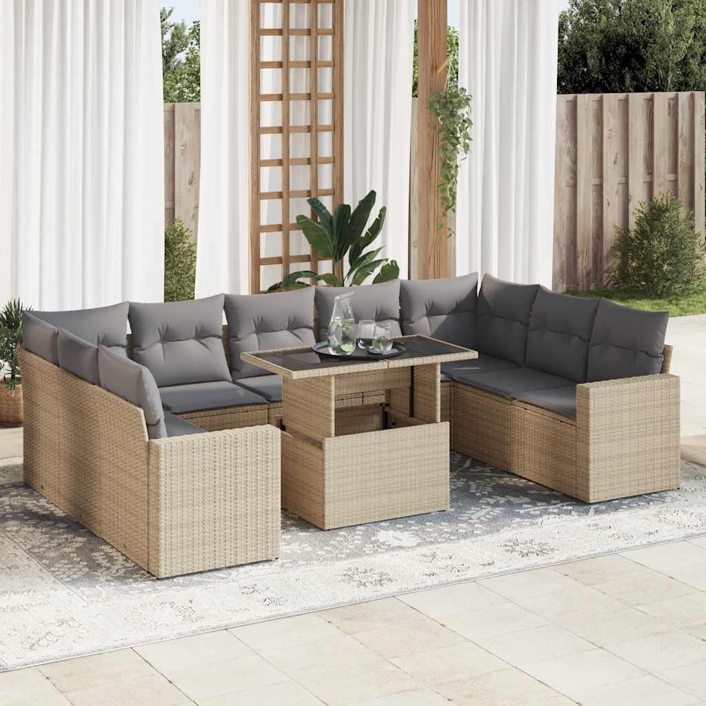 10-piece garden sofa set with cushions, beige poly rattan