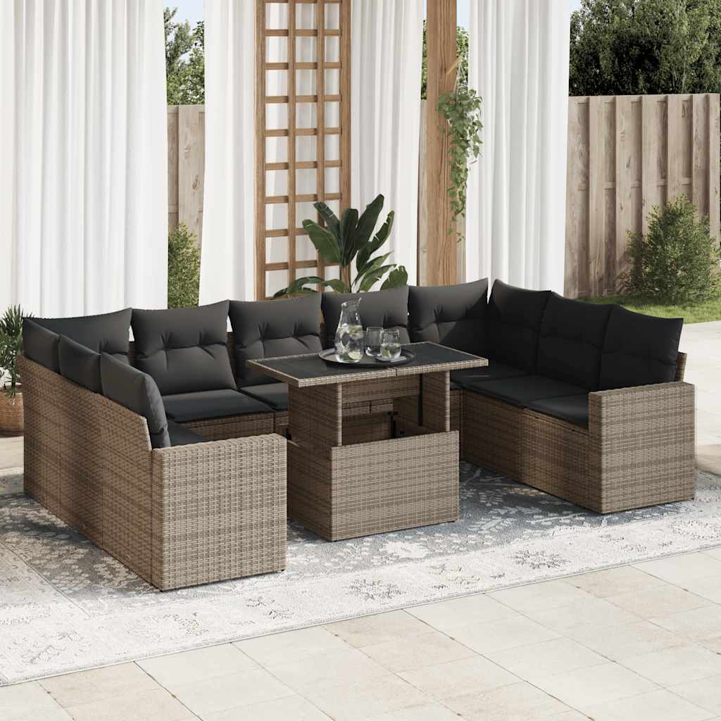 10-piece garden sofa set with cushions, grey poly rattan