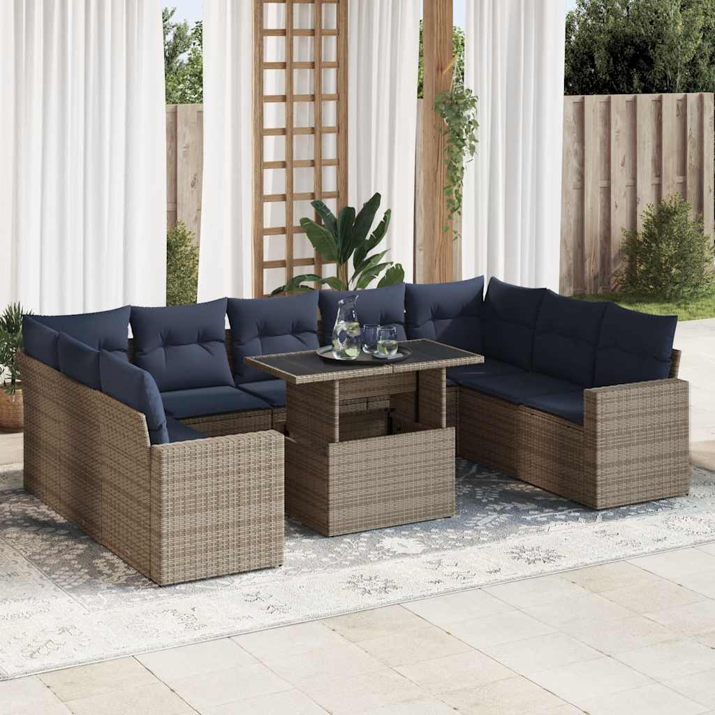 10-piece garden sofa set with cushions, grey, poly rattan, acacia