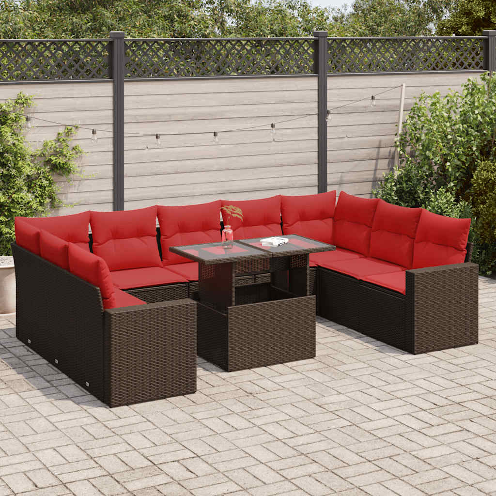 10-piece garden sofa set with cushions, brown, poly rattan, acacia