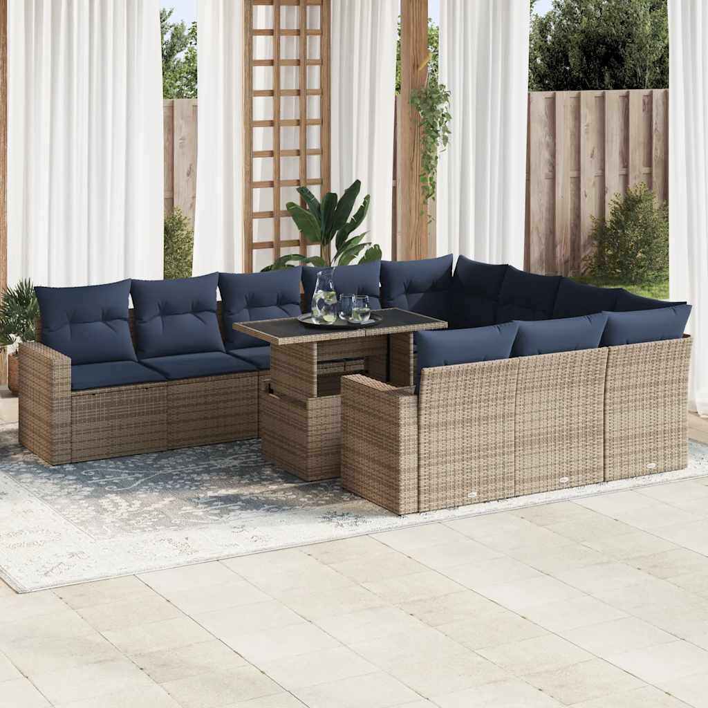 11-piece garden sofa set with cushions, black poly rattan