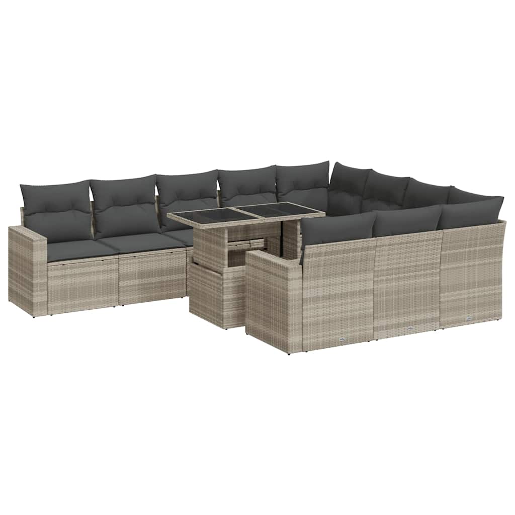 11-tlg. Garten-Sofagarnitur mit Kissen Hellgrau Poly Rattan