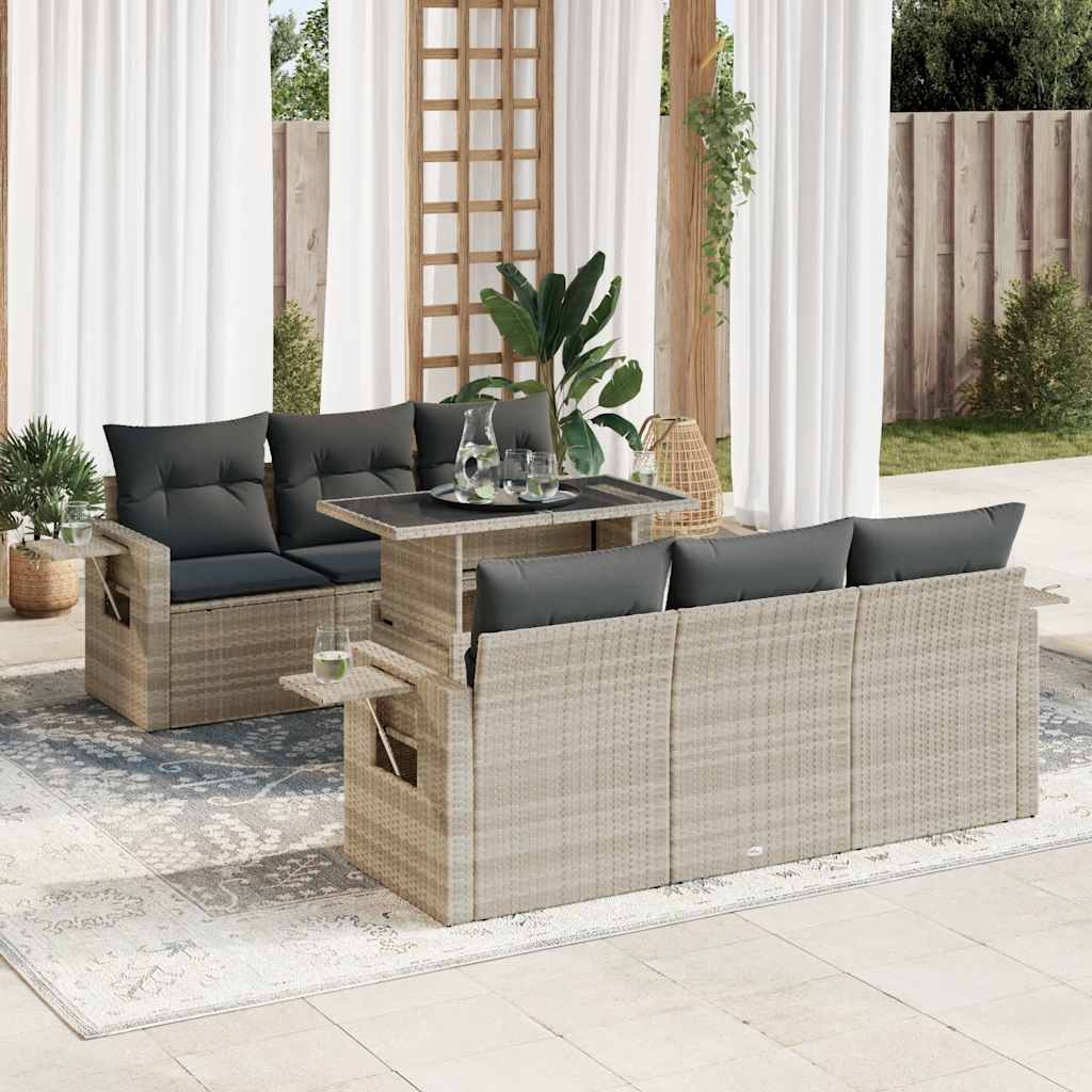7-piece garden sofa set with cushions, light grey poly rattan