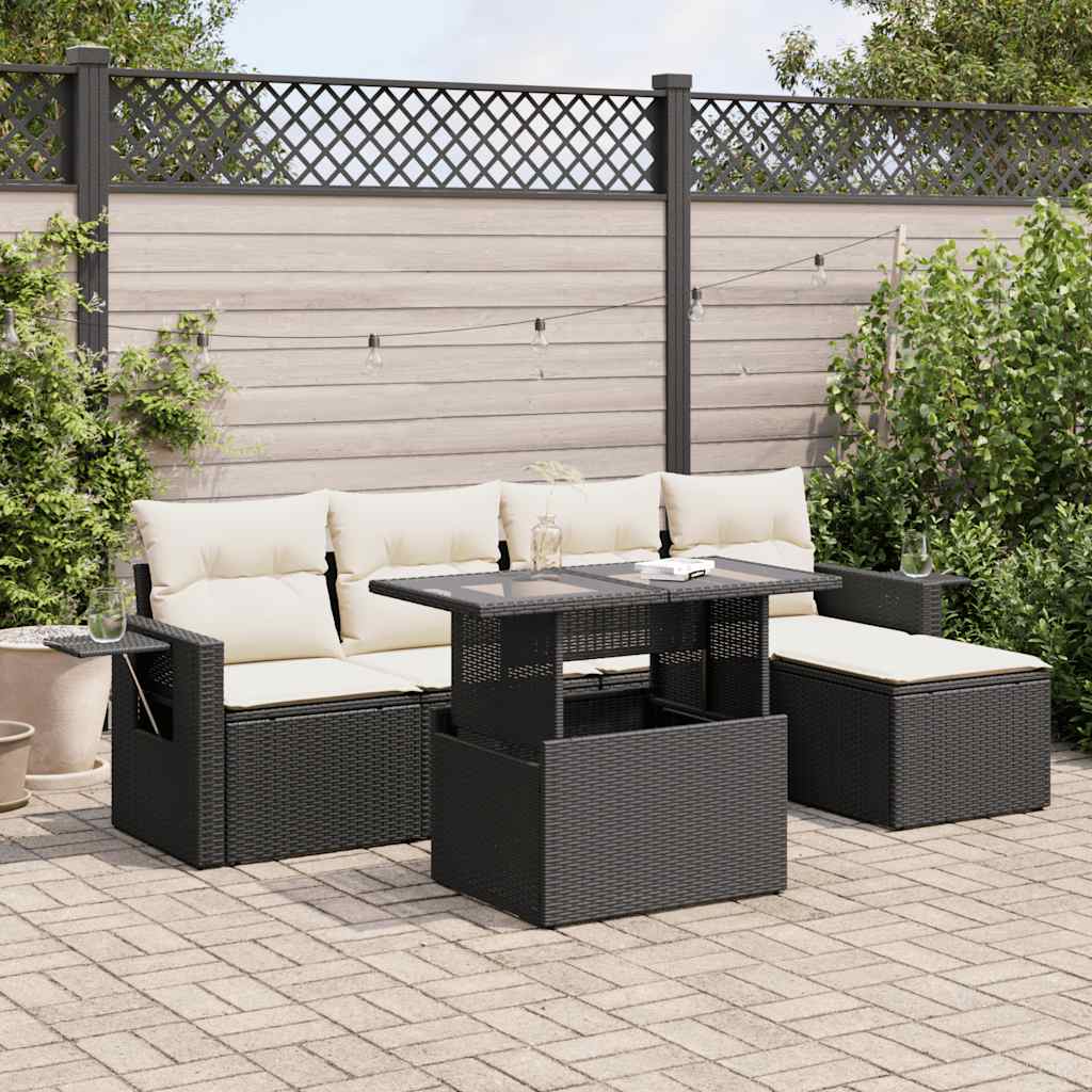 6-piece garden sofa set with cushions, black poly rattan