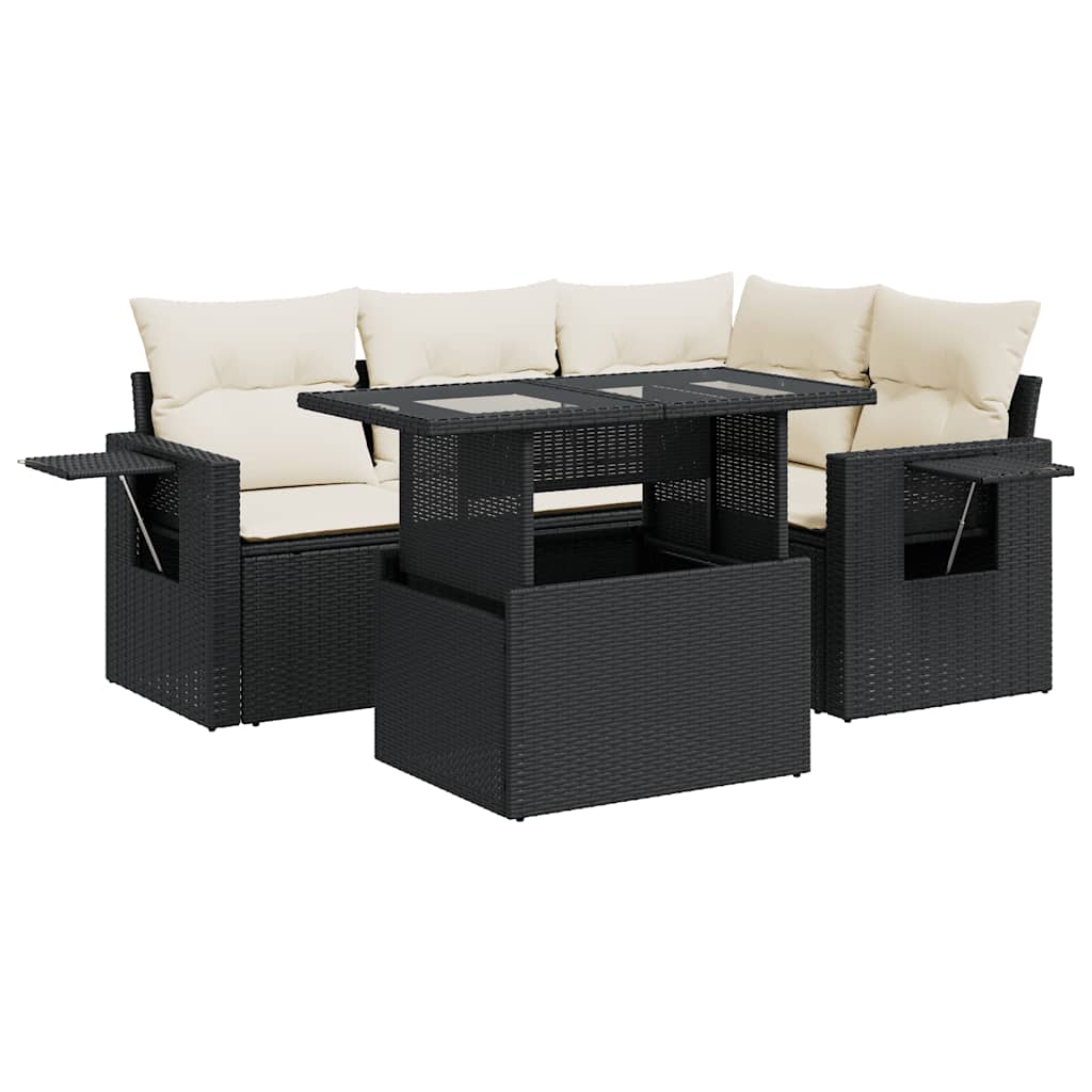 5-piece garden sofa set with cushions, black poly rattan