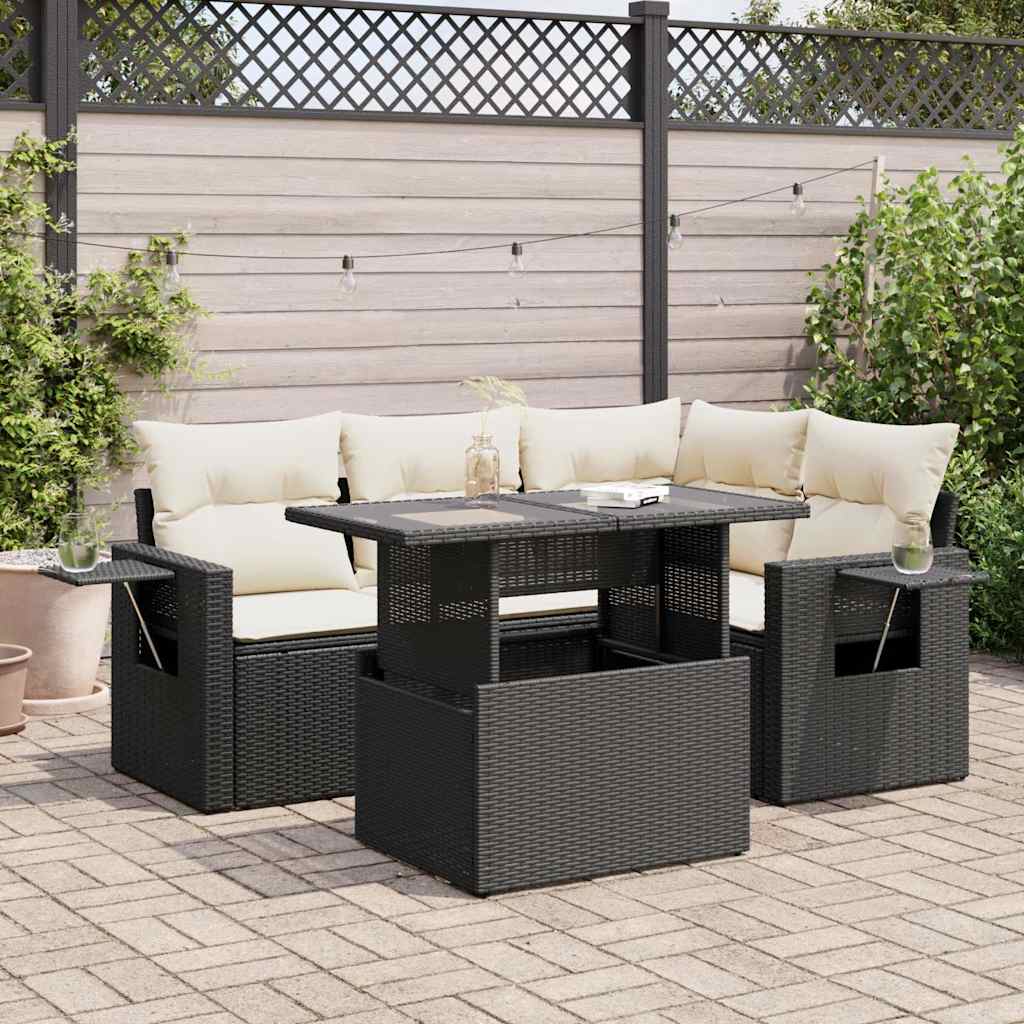 5-piece garden sofa set with cushions, black poly rattan
