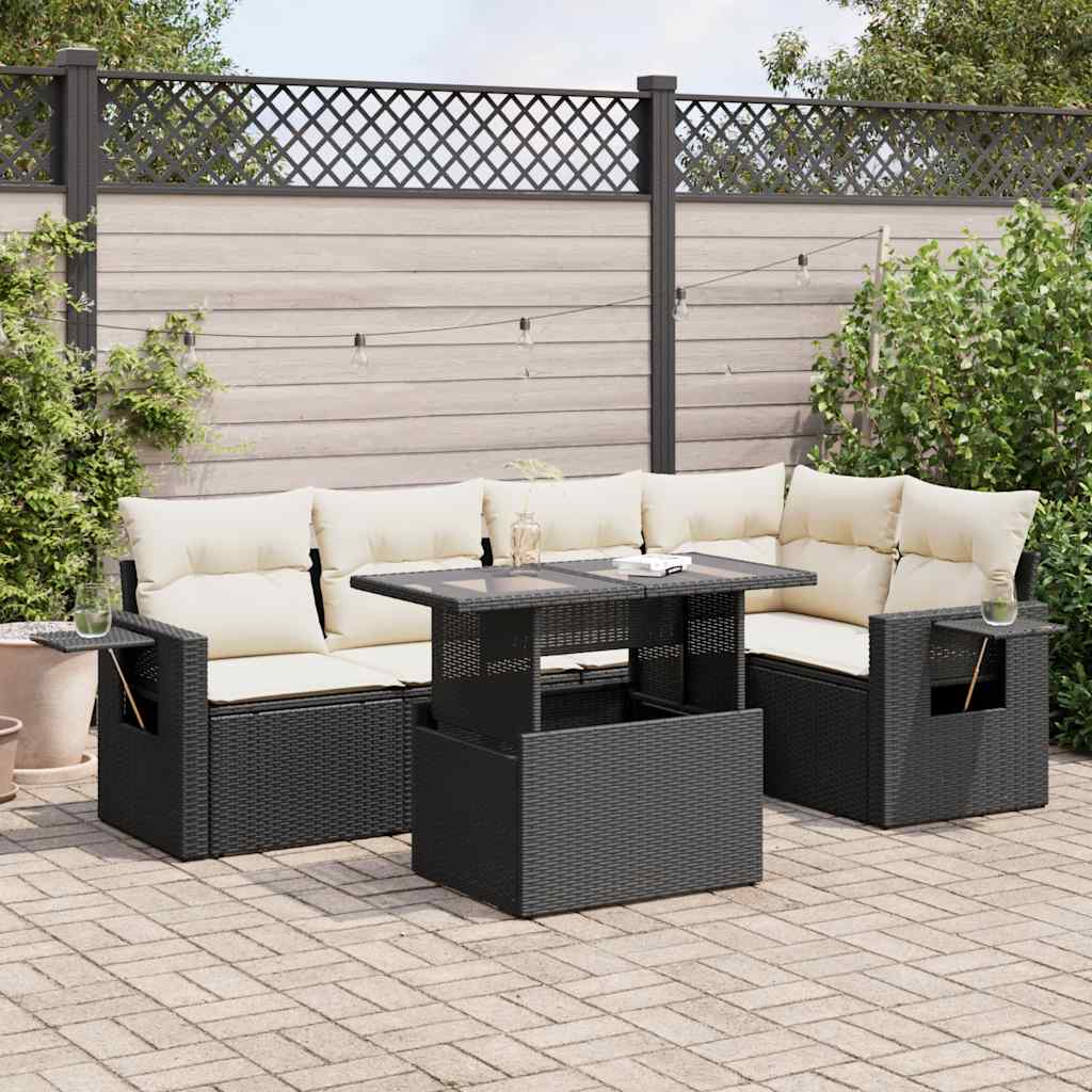 6-piece garden sofa set with cushions, black poly rattan