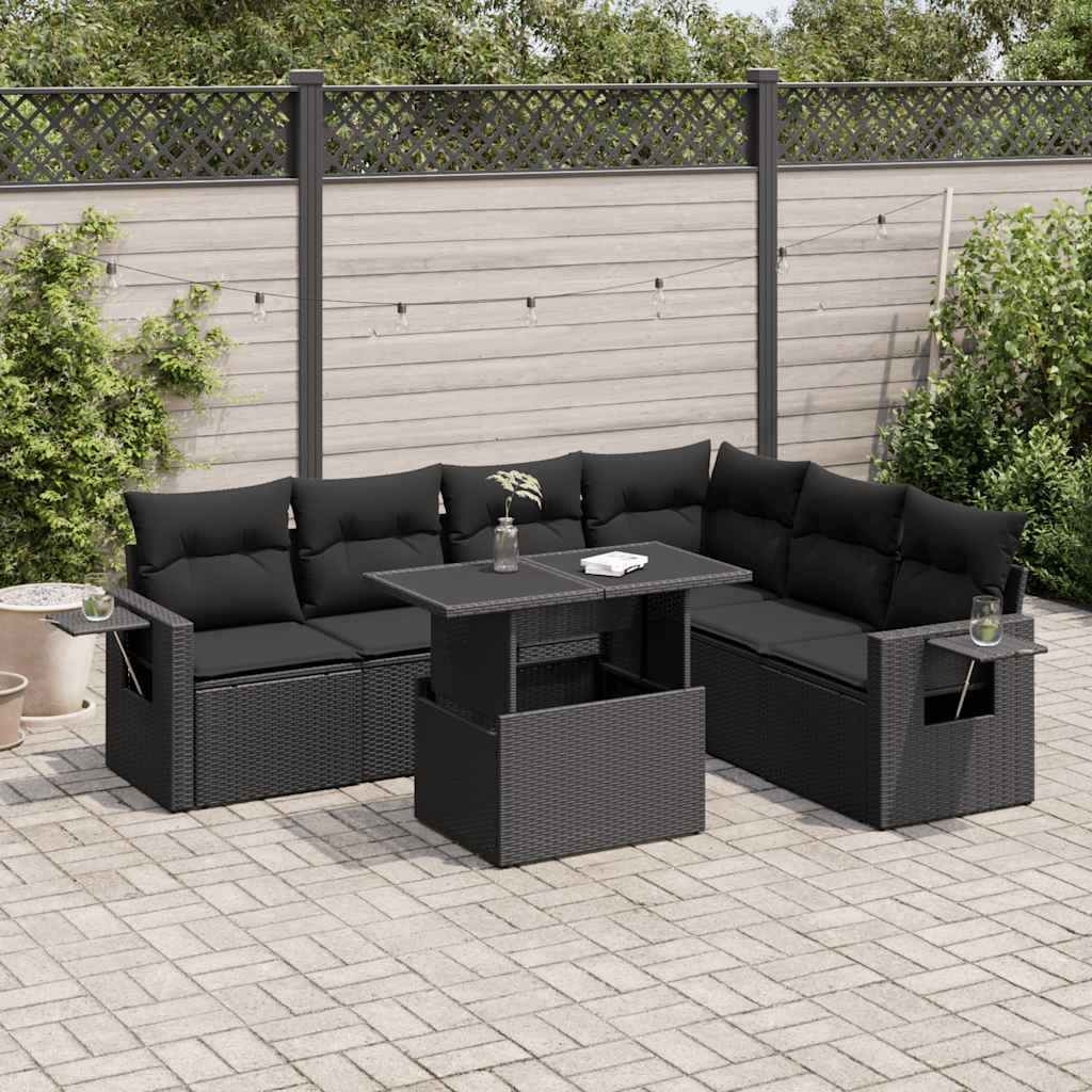 7-piece garden sofa set with cushions, black poly rattan