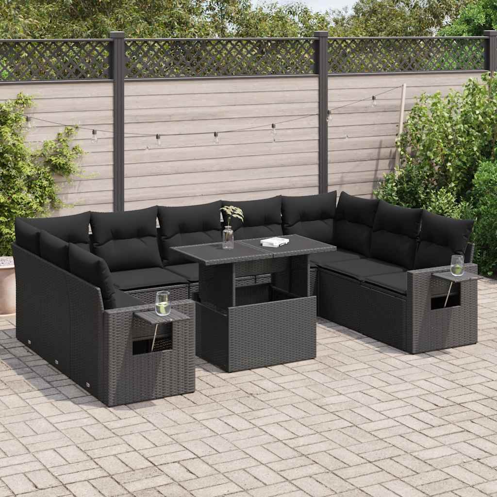 10-piece garden sofa set with cushions, black poly rattan
