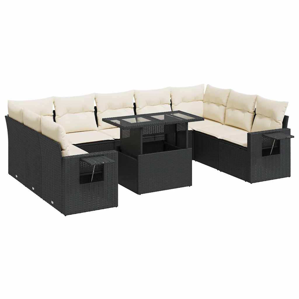 10-piece garden sofa set with cushions, black poly rattan