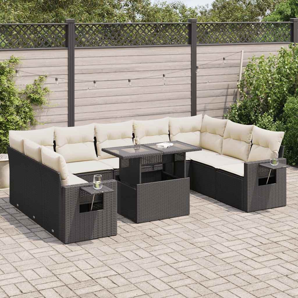 10-piece garden sofa set with cushions, black poly rattan