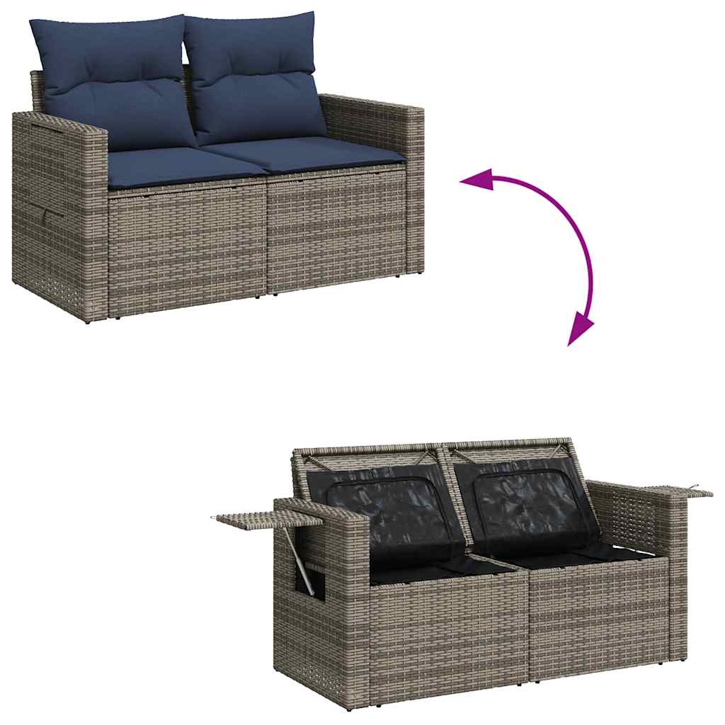 10-tlg. Garten-Sofagarnitur mit Kissen Grau Poly Rattan Akazie