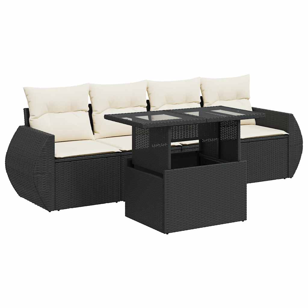 5-piece garden sofa set with cushions, black poly rattan