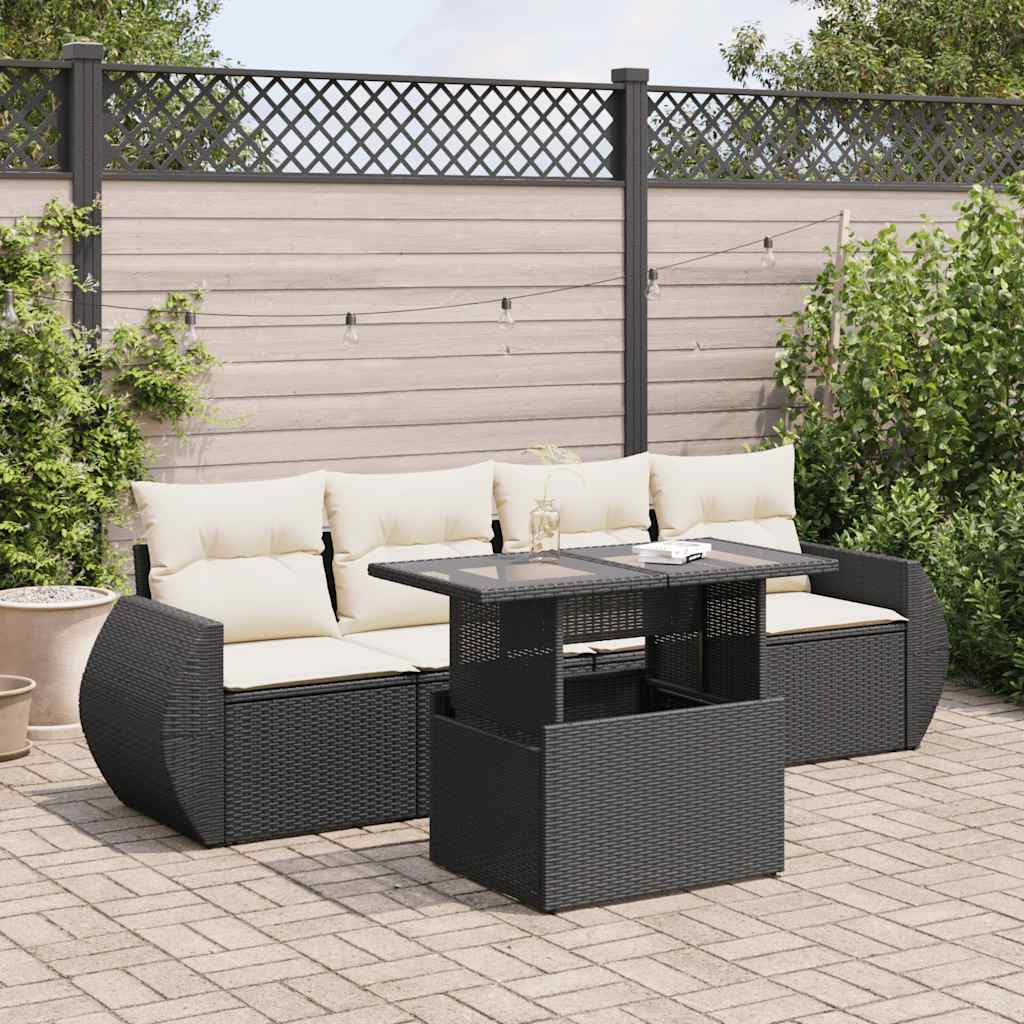 5-piece garden sofa set with cushions, black poly rattan