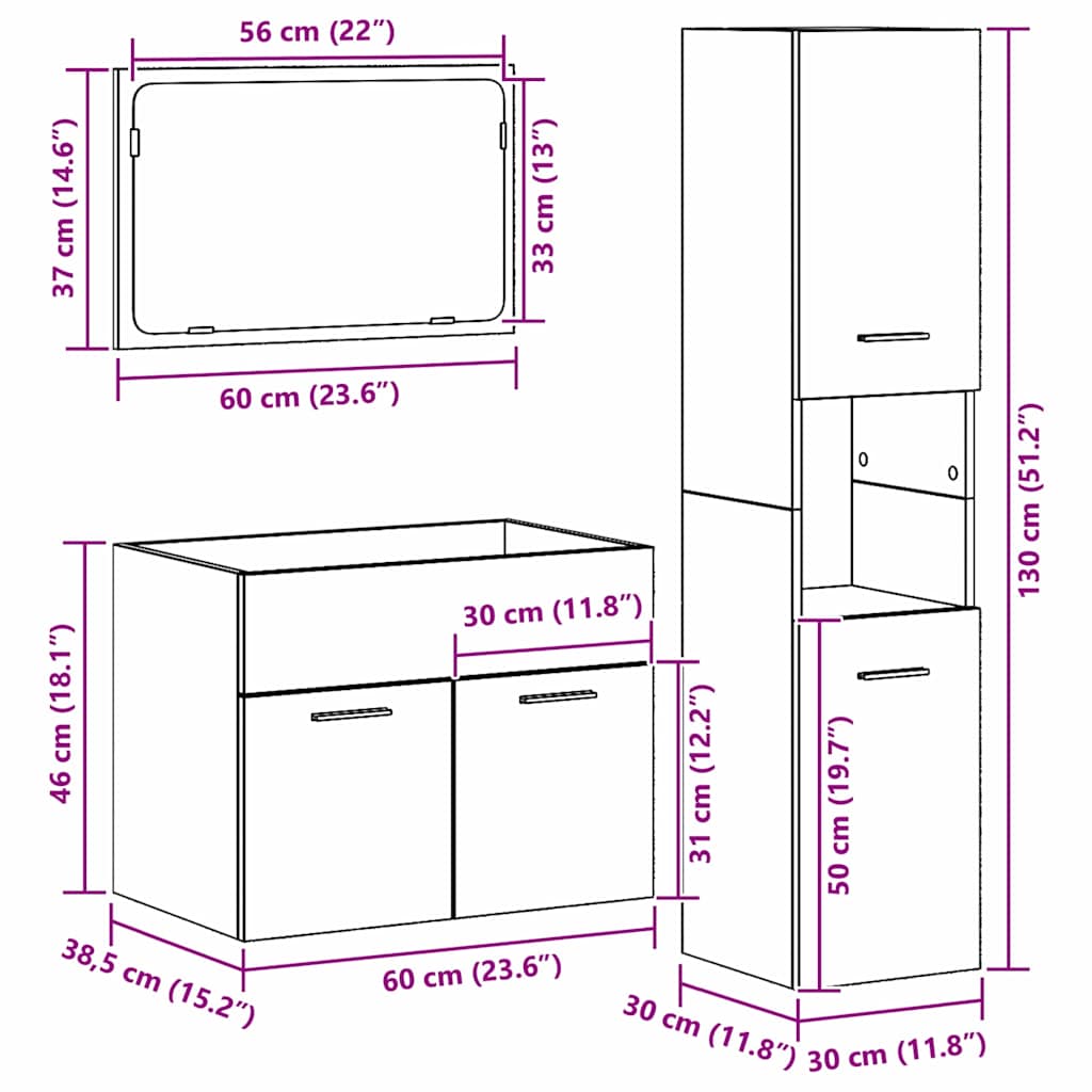 Badezimmer Möbel Set mit Tür 3 pcs Altholz 60 x 38.5 x 46 cm